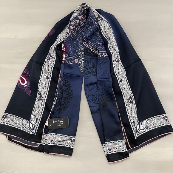 EMILYA Silk Scarf Geometric Floral Rolled Hem Navy Blue Purple NWT 40x41” - Picture 4 of 13